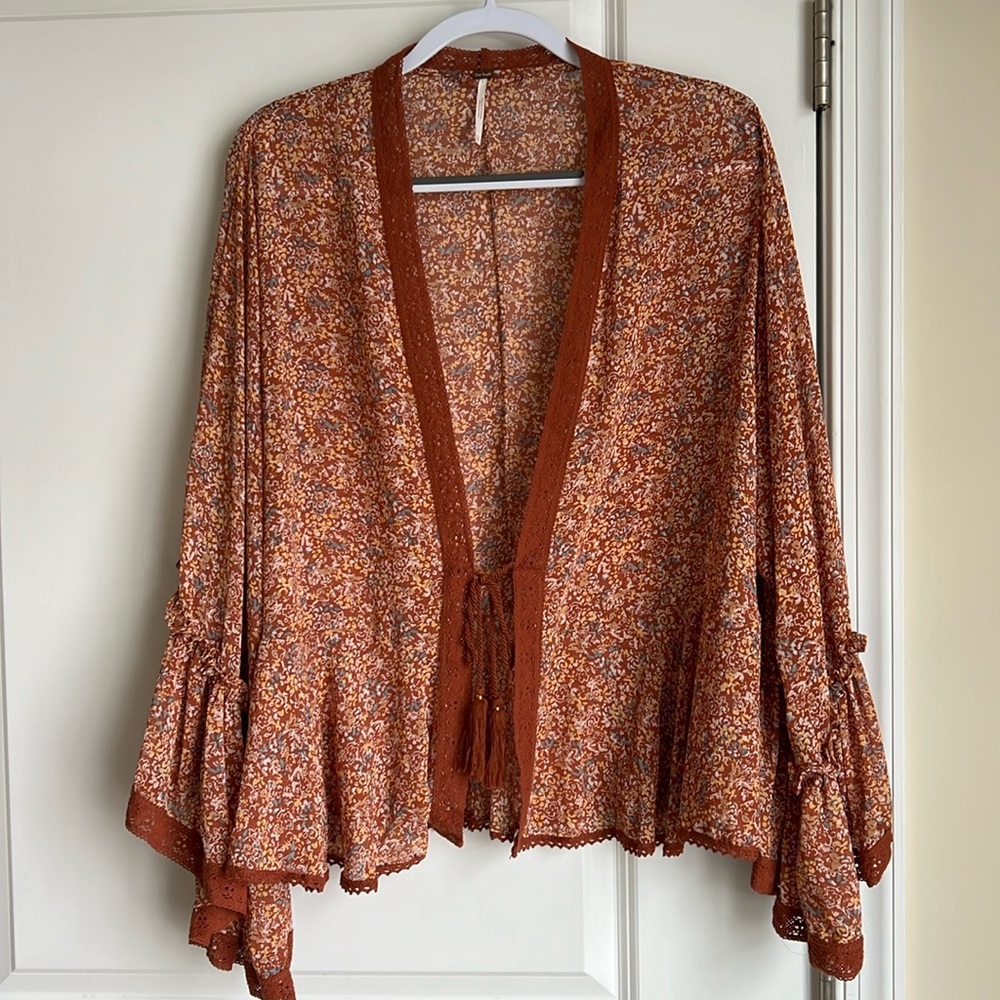 Free People Lola Kimono, Rust Orange Floral, Size Small